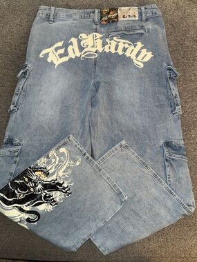 Ed Hardy Light Blue Baggy Cargo Jeans with Panther Patch